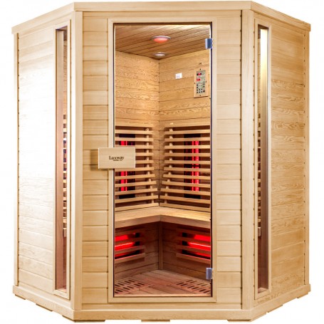 Hjørne Sauna Infrarød Amon GX Infra Sauna til 4 personer Størrelse: 1500 x 1500 x 2000 mmVed: Hemlock Varmesystem: Carbon Wave